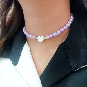 گردنبند چوکر مروارید یاسی طرح صدف قلب