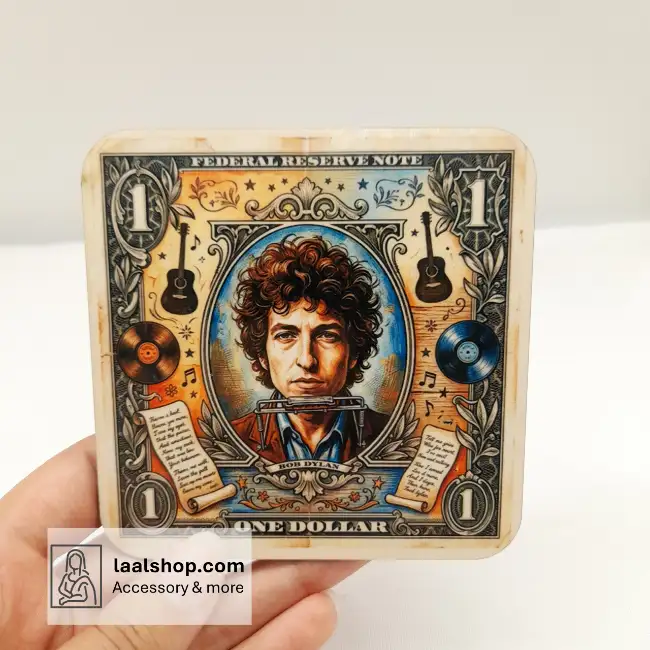 زیرلیوانی چوبی طرحدار درجه یک طرح باب دیلن Bob Dylan