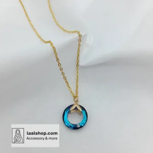 گردنبند فشن طلایی زنجیر رنگ ثابت پلاک حلقه شیشه‌ای آبی کله غازی