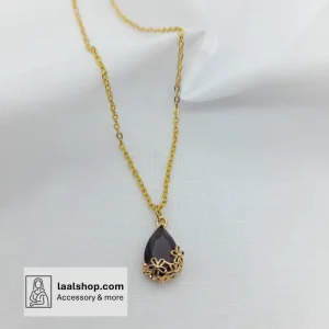 گردنبند فشن طلایی زنجیر رنگ ثابت پلاک اشکی شیشه ای عنابی