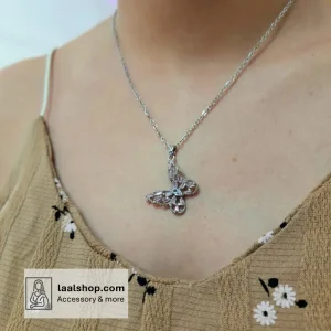 گردنبند سوارسکی پینترستی رنگ ثابت طرح پروانه فول باکت صورتی