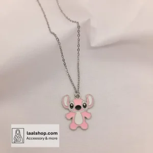 گردنبند فانتزی نقره ای رنگ ثابت طرح استیچ صورتی
