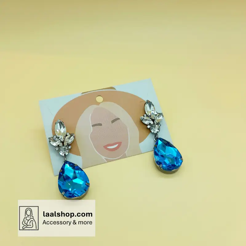 گوشواره فشن نگیندار زارا طرح اشکی تاجدار سنگ آبی