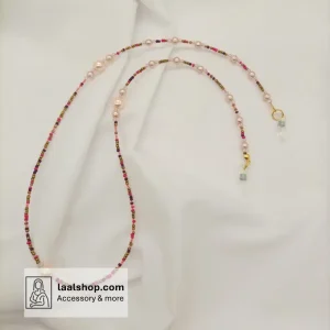 بند عینک منجوق درجه یک طیف رنگ های صورتی با مرواریدهای صورتی کمرنگ
