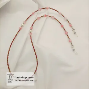 بند عینک منجوق درجه یک رنگ سرخ با گوی‌های شیشه ای قرمز شفاف
